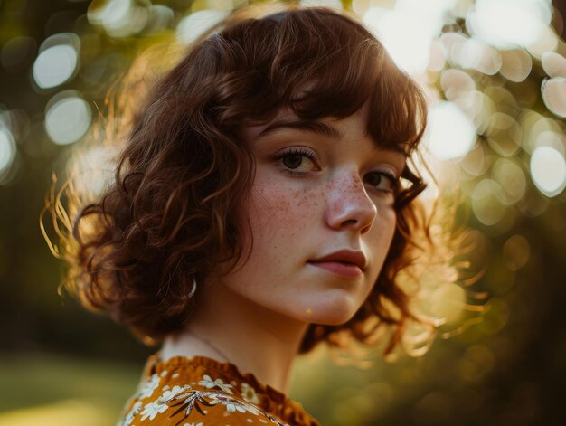 Mujer blanca adolescente fotorrealista con ilustración vintage de cabello castaño rizado