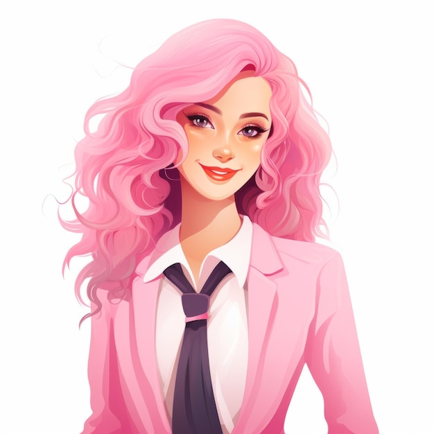 Mujer blanca adolescente sonriente con el cabello liso rosa ilustración plana