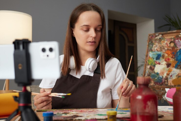 Foto mujer blanca joven ocupada y concentrada que usa un delantal marrón pintando con pincel en el estudio del artista usando teléfono inteligente y trípode dibujando en línea y explicando la técnica a los estudiantes