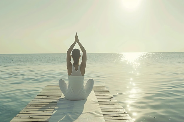 Una mujer de blanco está haciendo yoga en el muelle en el mar