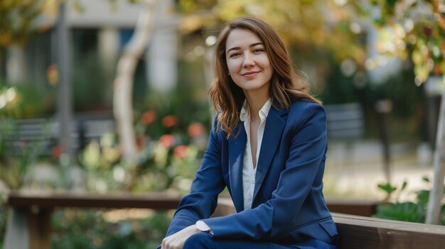 Foto una mujer con un blazer azul sentada en un banco