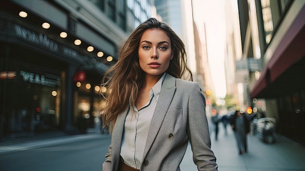 Una mujer con un blazer gris camina por una calle frente a una tienda.