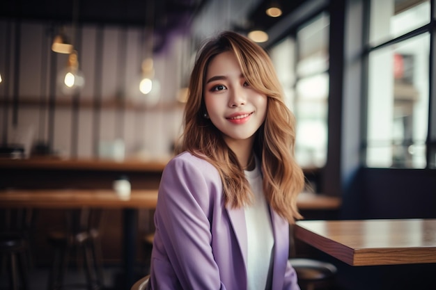 Una mujer con un blazer morado se sienta en un restaurante.