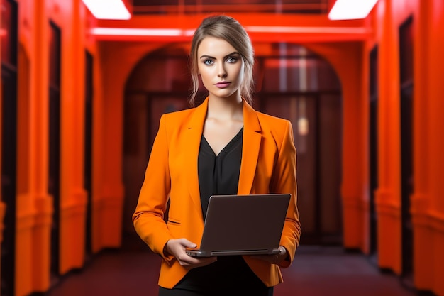 Una mujer con un blazer naranja sostiene una computadora portátil frente a una pared roja.