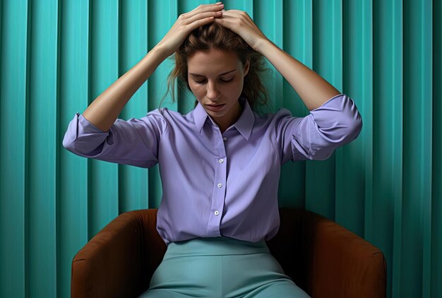 Foto una mujer con blusa alta de color caqui sostiene su mano sobre la cabeza al estilo de sensibilidad emocional