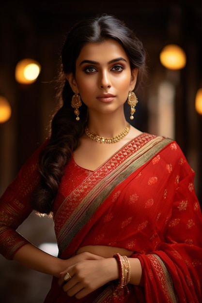 Mujer con blusa y sari tradicionales