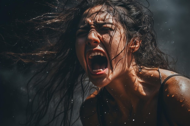 una mujer con la boca abierta y el cabello soplando en el viento