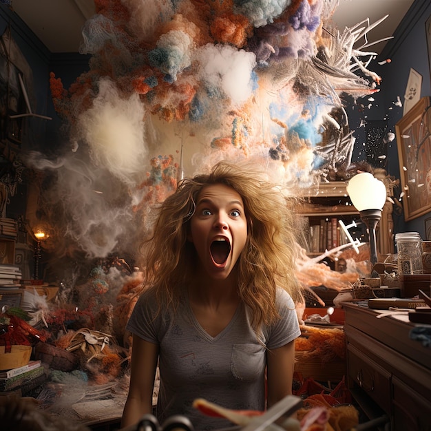 Foto una mujer con la boca abierta grita frente a un montón de cosas desordenadas.