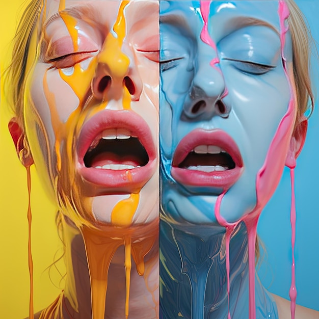 Foto una mujer con la boca abierta y su boca abierta está cubierta de pintura de colores