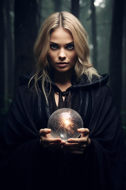 Mujer con una bola de cristal en el bosque