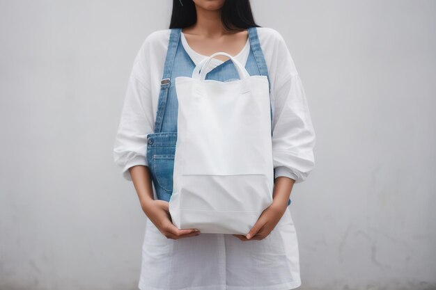 Mujer con bolsa de algodón blanco en sus manos Mockup y cero desperdicio IA generativa