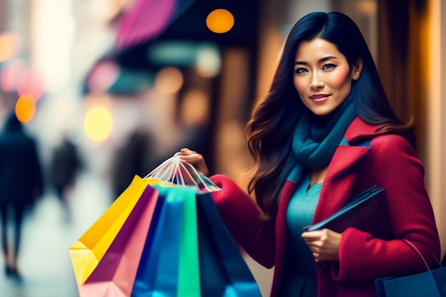 Una mujer con una bolsa de compras frente a una tienda.