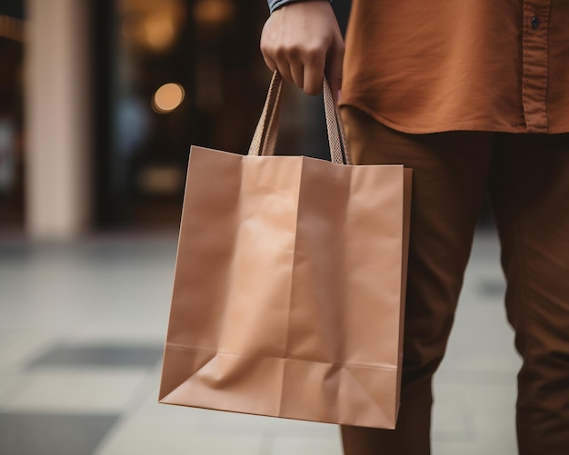 Una mujer con una bolsa de compras marrón