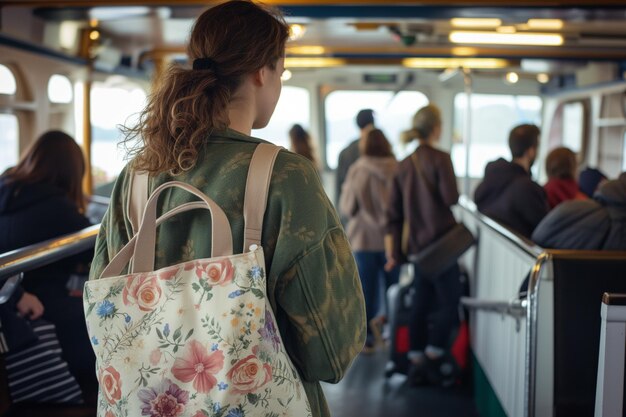 Mujer con bolsa floral esperando en la línea de ferry