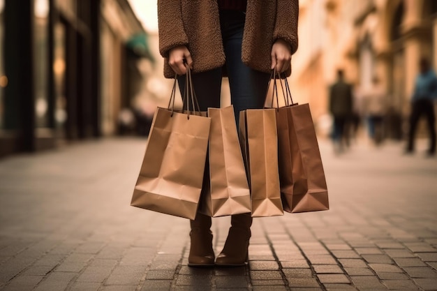 Mujer con bolsas de compras caminando por la calle IA generativa