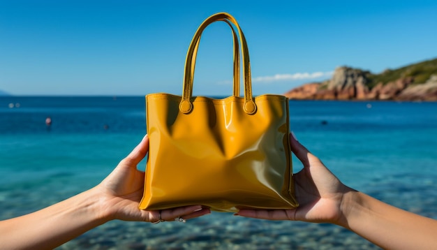 Mujer con bolso de cuero amarillo en la playa