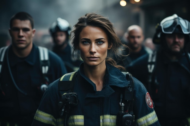 Mujer bombero con uniforme de bombero frente a otros bomberos