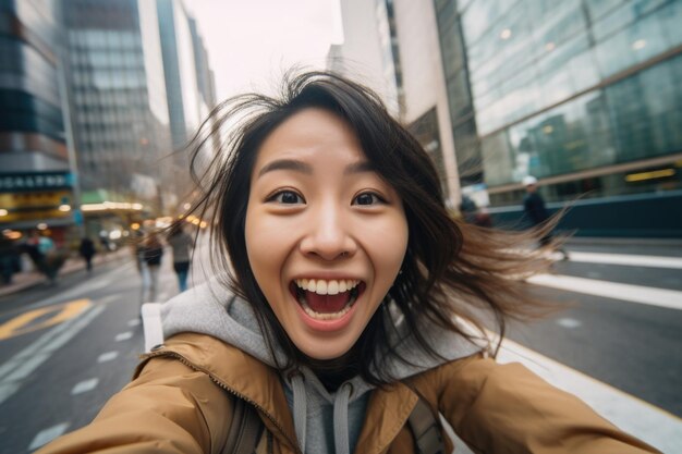 mujer bonita asiática expresión feliz y sorprendida fondo de la ciudad