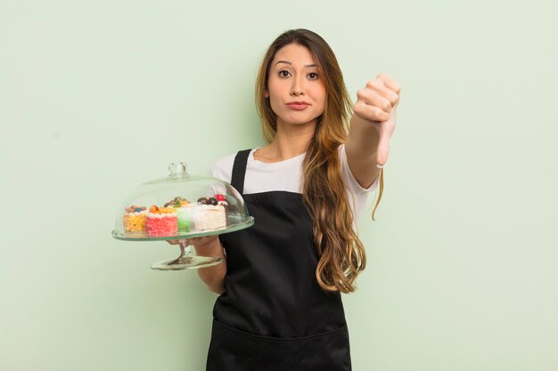 Mujer bonita asiática sintiéndose cruzada, mostrando los pulgares hacia abajo. concepto de pasteles caseros