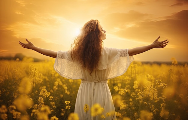 Una mujer bonita caminando por un hermoso campo de flores amarillas
