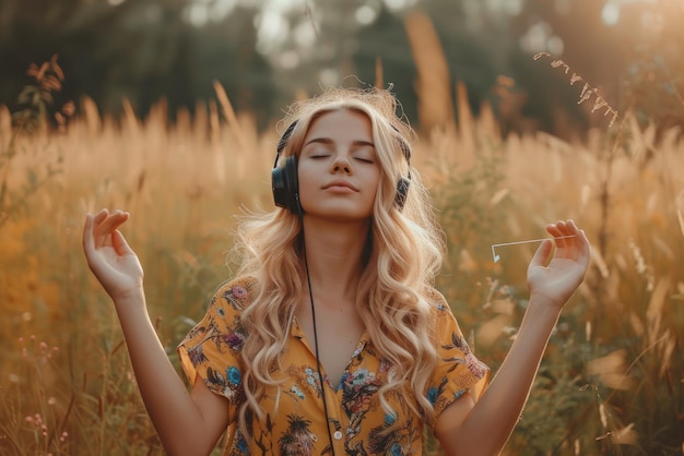 Mujer bonita escuchando música en auriculares en el jardín