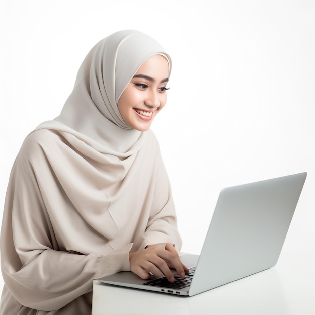 Mujer bonita con hijab frente a una computadora portátil buscando y haciendo trabajo de oficina con diferentes expresiones faciales aisladas en un fondo blanco concepto de oficina de finanzas comerciales y estación de trabajo