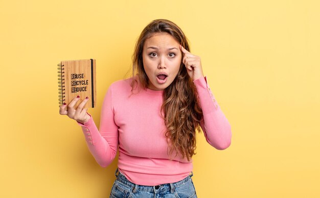 Mujer bonita hispana que parece sorprendida, dándose cuenta de un nuevo pensamiento, idea o concepto. concepto de reciclaje