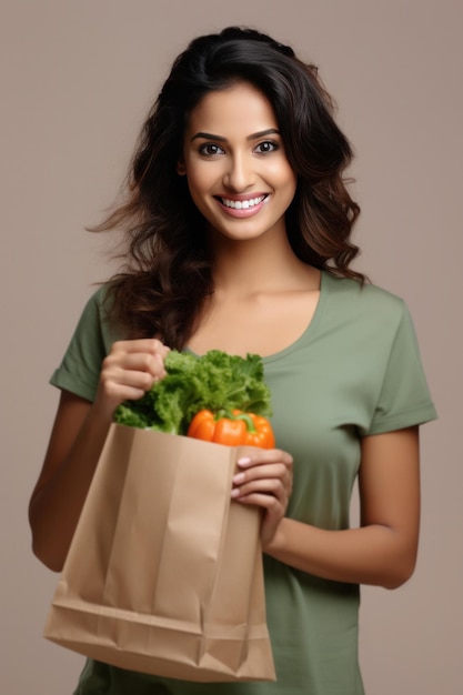 Mujer bonita india sosteniendo verduras frescas y comestibles en una bolsa de papel