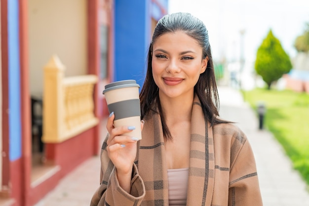 Foto mujer bonita joven al aire libre sosteniendo un café para llevar con expresión feliz