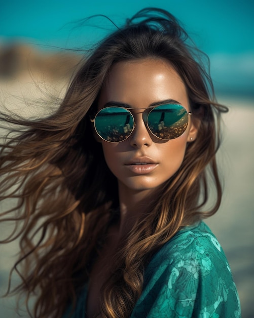 Mujer bonita joven con gafas de sol con estilo en la playa IA generativa