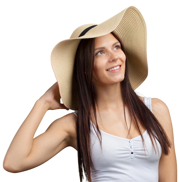 Mujer bonita joven en un sombrero de paja