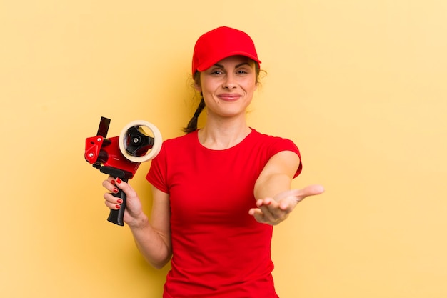 Mujer bonita joven sonriendo felizmente con amabilidad y ofreciendo y mostrando un concepto de empaquetador de concepto