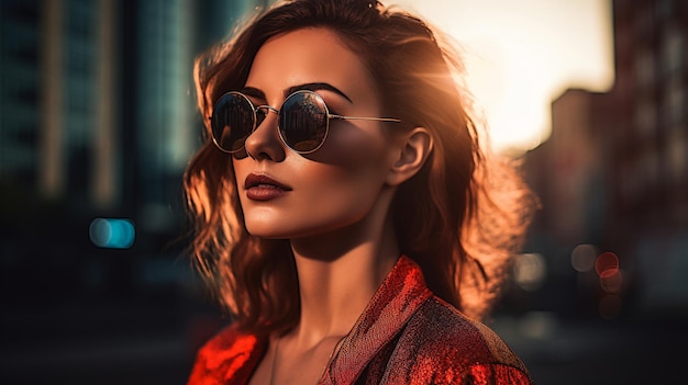 Mujer bonita joven vestida con gafas de sol con estilo de moda AI generativa