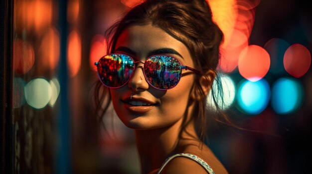 Mujer bonita joven vestida con gafas de sol con estilo de moda AI generativa