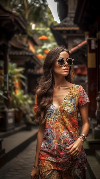 Mujer bonita joven vestida con gafas de sol con estilo de moda AI generativa
