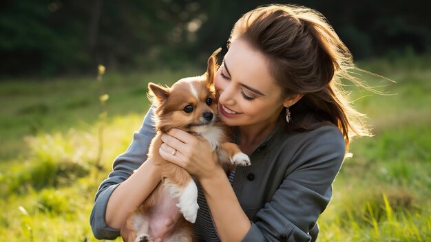 Una mujer bonita jugando con un perrito.