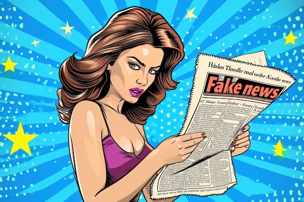 Mujer bonita leyendo un periódico sensacionalista con expresión facial ansiosa y asustada noticias falsas pánico historias impactantes arte pop alarmista