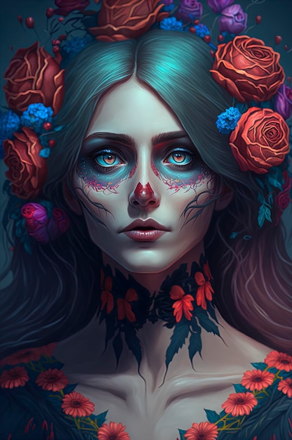 Mujer bonita con maquillaje de día de muertos y flores en el cabello maquillaje catrina