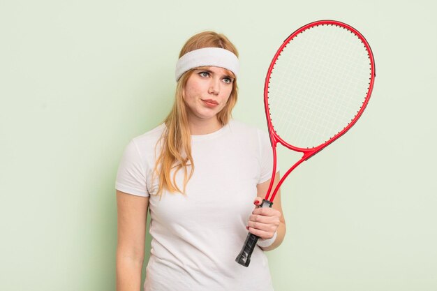 Mujer bonita pelirroja que se siente triste, molesta o enojada y mira hacia el lado del concepto de tenis