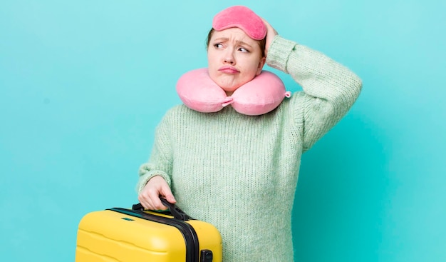 Mujer bonita pelirroja sonriendo felizmente y soñando despierto o dudando del concepto de pasajero de vuelo