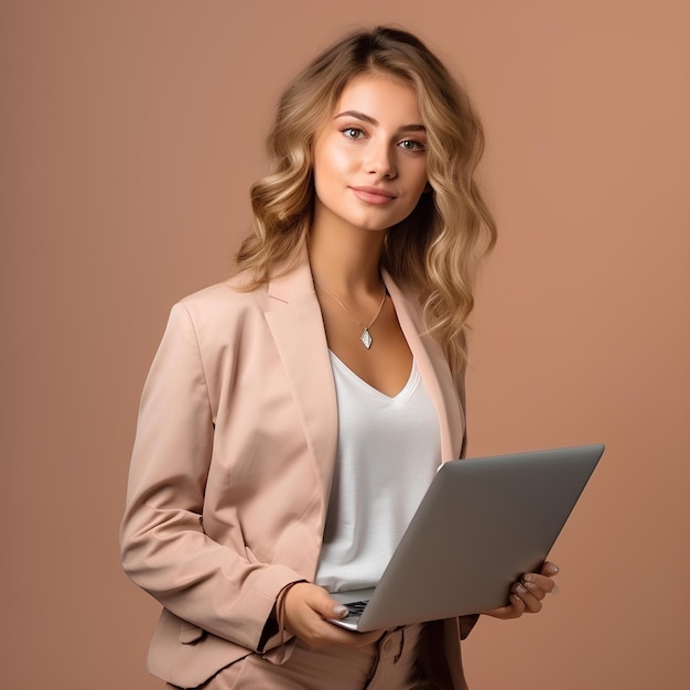 Mujer bonita rubia de pie con una computadora portátil sobre fondo beige Foto de stock reklam