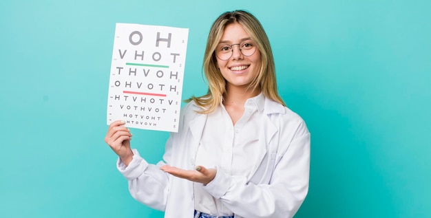 Mujer bonita rubia sonriendo alegremente sintiéndose feliz y mostrando un concepto de prueba de visión óptica