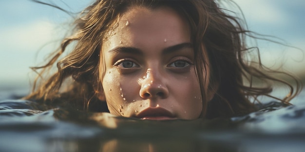 Una mujer bonita y sensual nada en el mar exudando sensualidad Su sonrisa sincera irradia alegría cautivando a toda la IA generativa