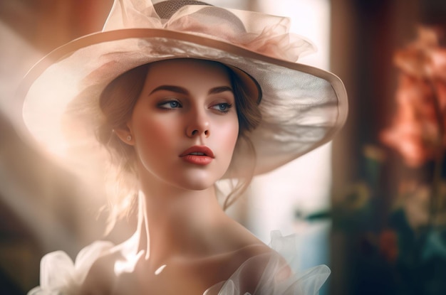 Mujer bonita sombrero elegante maquillaje Generar Ai