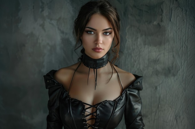 Foto mujer bonita en traje de fantasía de cuero negro
