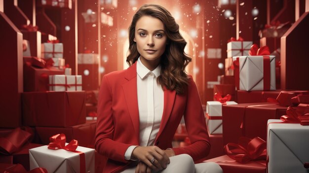 Mujer bonita con un traje rojo y blanco con cajas de regalos de Navidad Generativa Ai