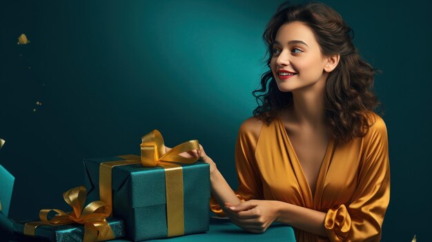 Mujer bonita con vestido amarillo sosteniendo una caja de regalos aislada con fondo azul