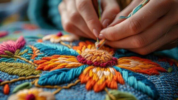 mujer borda una flor con hilos multicolores