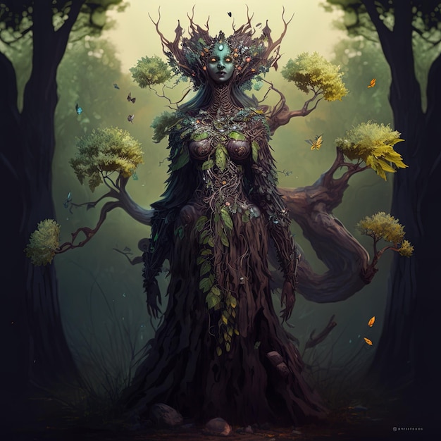 una mujer en un bosque con un árbol en el fondo