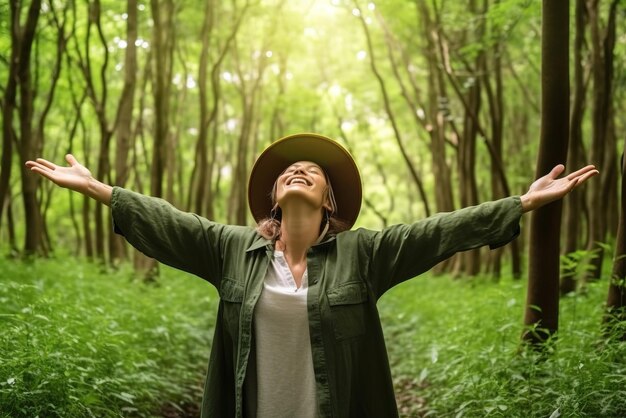 Una mujer en un bosque con los brazos extendidos